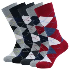 5 Pairs Men's Dress Crew Socks Fashion Colorful Gentleman's Socks Comfy Cotton Long Socks, Argyle Print Vintage Socks Casual Socks Plus Size