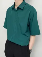 INCERUN Mens Shirt Solid Color Short Sleeve Shirts Summer Daily Lapel Casual Men's Top Shirts