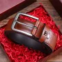 BULLCAPTAIN 130cm Genuine Leather Mens Pinch-buckle Belt with Box Birthday Gift for Husband Father Son