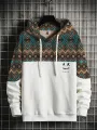 Mens Argyle Pattern Smile Embroidered Patchwork Loose Drawstring Hoodies