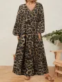ZANZEA Women Plus Size Leopard Print Long Dress V-Neck Puff Sleeve Lace-Up Maxi Dress For Women