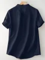 Cotton Solid Button Short Sleeve V Neck Casual Blouse