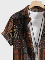 Mens Geometric Ethnic Print Lapel Short Sleeve Shirts