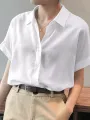 ZANZEA Women Cotton Linen Blouses Solid Button Lapel Roll Sleeve Short Sleeve Casual Shirt Plus Size