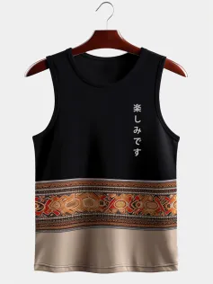 ChArmkpR Mens Ethnic Totem Patchwork Japanese Print Sleeveless Tanks