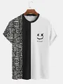 Mens Geometric Funny Face Print Patchwork Knit Short Sleeve T-Shirts