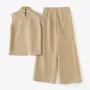 ZANZEA Women Vintage Casual Stand Neck Sleeveless Pleated Wide Leg Tops Trousers