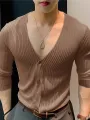 INCERUN Mens Shirt Solid Color Knitted V-neck Long Sleeve Top Shirts Casual Daily Men Streetwear Clothing