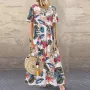 ZANZEA Womens Summer Short Sleeve Printed Swing Long Maxi Dress Holiday Beach Sundress