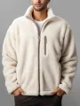 Mens Solid Stand Collar Zip Front Fleece Casual Jacket