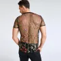 INCERUN Men Lace Shirts Fashion Printed Shirts Men Short Sleeve V Neck Blouse Leisure Embroidered Button Man See Through Chemise 5XL