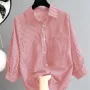 ZANZEA Women's Striped Shirt Summer 3/4 Sleeve Lantern Sleeve Front Pockets Casual Blouse Top
