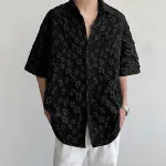 INCERUN Mens Shirt Fashion Embossed Floral Print Tops Black Short Sleeve Shirt