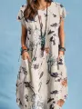Plant Print Pocket Short Sleeve Casual Midi Dress
