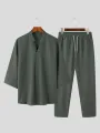 INCERUN Mens Sets 3/4 Short Sleeve Shirt & Pants Two Pieces Set Loose Daily Men's Casual Suits