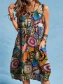ZANZEA Women Plus Size Abstract Painted Button Pocket Sleeveless Casual Beach Midi Dress