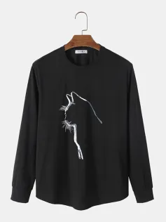 ChArmkpR Mens Cat Graphic Crew Neck Curved Hem Long Sleeve T-Shirts