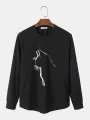 ChArmkpR Mens Cat Graphic Crew Neck Curved Hem Long Sleeve T-Shirts