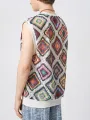 INCERUN Men Tank Top Fashion Color Block Print Sleeveless Top V-neck Summer Casual Mesh Lace Men Streetwear Clothing