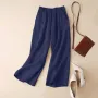 ZANZEA Women Cotton Elastic Waist Solid Color Long Pants Casual Loose Straight Trousers