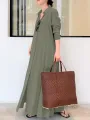 Women Retro Solid Color Turn-Down Collar Loose Casual Shirt Dress With Pocket