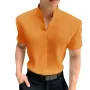 INCERUN Mens T Shirt Solid Color Stand Collar T-shirt Summer Comfy Cool V Neck Short Sleeve Tshirts Top Male Clothing