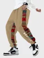 Mens Tribal Patchwork Japanese Letter Pocket Drawstring Pants