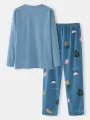 Women Cartoon Fruit Print O-Neck Loose Pants Cotton Comfy Plus Size Home Pajamas Sets