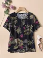 ZANZEA Plus Size Women's Shirt Cotton Linen Printed Casual Short Sleeve O Neck Loose Blouse Summer Daily Top for Women