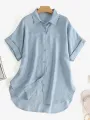 ZANZEA Women Cotton Linen Blouses Solid Button Lapel Roll Sleeve Short Sleeve Casual Shirt Plus Size