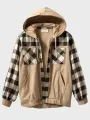 Mens Plaid Patchwork Multi Pocket Casual Hooded Jacket