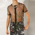 INCERUN Men Lace Shirts Fashion Printed Shirts Men Short Sleeve V Neck Blouse Leisure Embroidered Button Man See Through Chemise 5XL