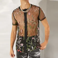 INCERUN Men Lace Shirts Fashion Printed Shirts Men Short Sleeve V Neck Blouse Leisure Embroidered Button Man See Through Chemise 5XL