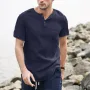 Men's Summer Linen V Neck Henley Tops Casual Fit Shirts Beach Yoga Button Shirts