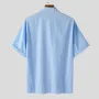 INCERUN Mens Shirt Striped Stand Collar Short Sleeve Top Shirts Summer Daily Casual Male Clothing Solid Color Shirts