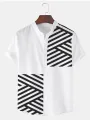 ChArmkpR Mens Striped Shirt Patchwork Stand Collar Casual Short Sleeve Casual Shirts