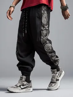 Mens Ethnic Paisley Print Patchwork Loose Drawstring Jogger Pants