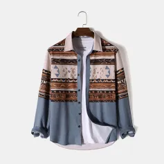 ChArmkpR Mens Ethnic Geometric Print Patchwork Lapel Long Sleeve Shirts