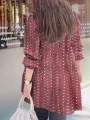 女士泡泡袖日常圓領拼接圓點休閒寬鬆襯衫