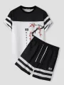 ChArmkpR Mens Two Pieces Set Japanese Cherry Blossoms Print Striped Patchwork Two Pieces Outfits