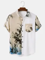 ChArmkpR Uomo Inchiostro Bambù Stampa Patchwork Button Up Camicie A Maniche Corte