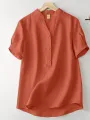 Cotton Solid Button Short Sleeve V Neck Casual Blouse