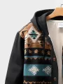 Mens Ethnic Geometric Print Patchwork Button Front Hooded Jacket