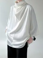 INCERUN Mens Shirt Simple Silky Stacked Collar Shirt Fashion Loose Fit Summer Half Long Sleeve Tops Men