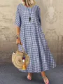 ZANZEA Plus Size Women Long Dress Casual Loose Plaid Print O-Neck Half Sleeve Beach Maxi Dress