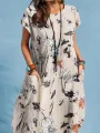 Plant Print Pocket Short Sleeve Casual Midi Dress