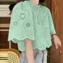 ZANZEA Elegant Style Womens Vintage Casual Cotton Crop Shirts Top Vacation Crew Neck Hollow Embroidery Blouses