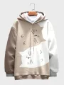 Mens Cartoon Cat Print Patchwork Loose Drawstring Hoodies