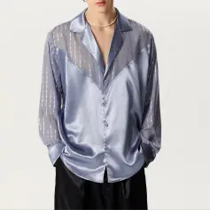 INCERUN Men Mesh Patchwork V-neck Long Sleeve Shirt Fashion Comfy Smooth Fabric Lapel Top Male for Spring Fall