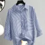 ZANZEA Women's Striped Shirt Summer 3/4 Sleeve Lantern Sleeve Front Pockets Casual Blouse Top